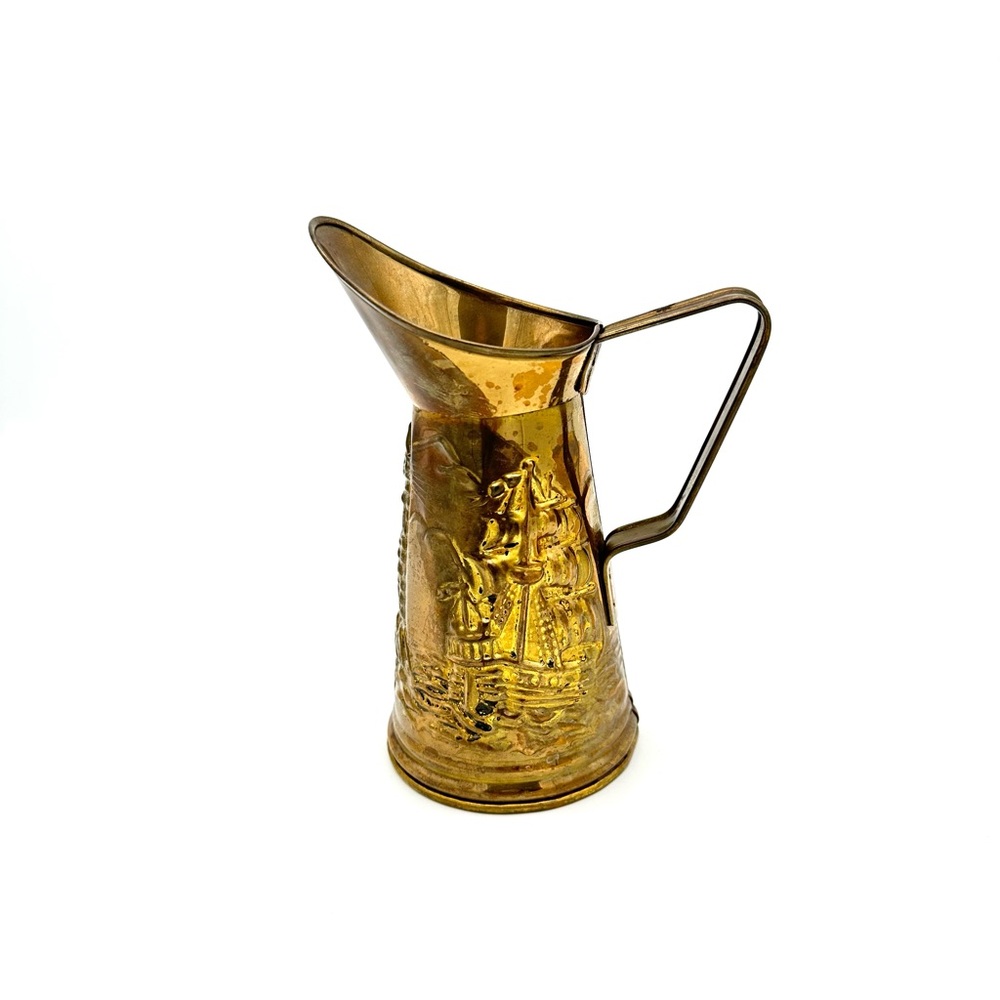 Vintage Peerage Embossed Brass Pitcher Sailing Ship & Lighthouse England